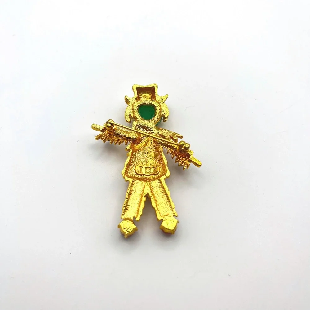 JBK Camrose & Kross Scarecrow Brooch Gold‎ Tone Green Cabochon Crystal Accent